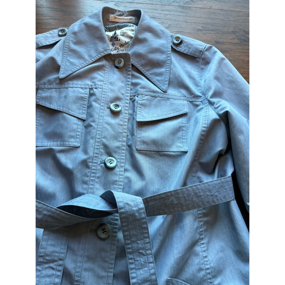 Vintage 90s Misty Harbor USA MADE Trench Coat Powder Blue Belted Plaid Lined  14 - Picture 4 of 6